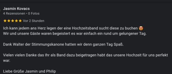 Ich kann jedem ans Herz legen der eine Hochzeitsband sucht diese zu buchen 🤩 Wir und unsere Gäste waren begeistert es war einfach ein rund um gelungener Tag. Dank Walter der Stimmungskanone hatten wir denn ganzen Tag Spaß. Vielen vielen Danke das Ihr als Band dazu beigetragen habt das unsere Hochzeit für uns perfekt war.